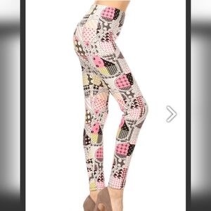 One Size  Pink, Black & Yellow Paisley & Plaid Print Leggings